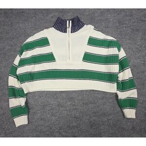 STAUD Hampton Striped Half-Zip Cropped Sweater White/Green Size Small
